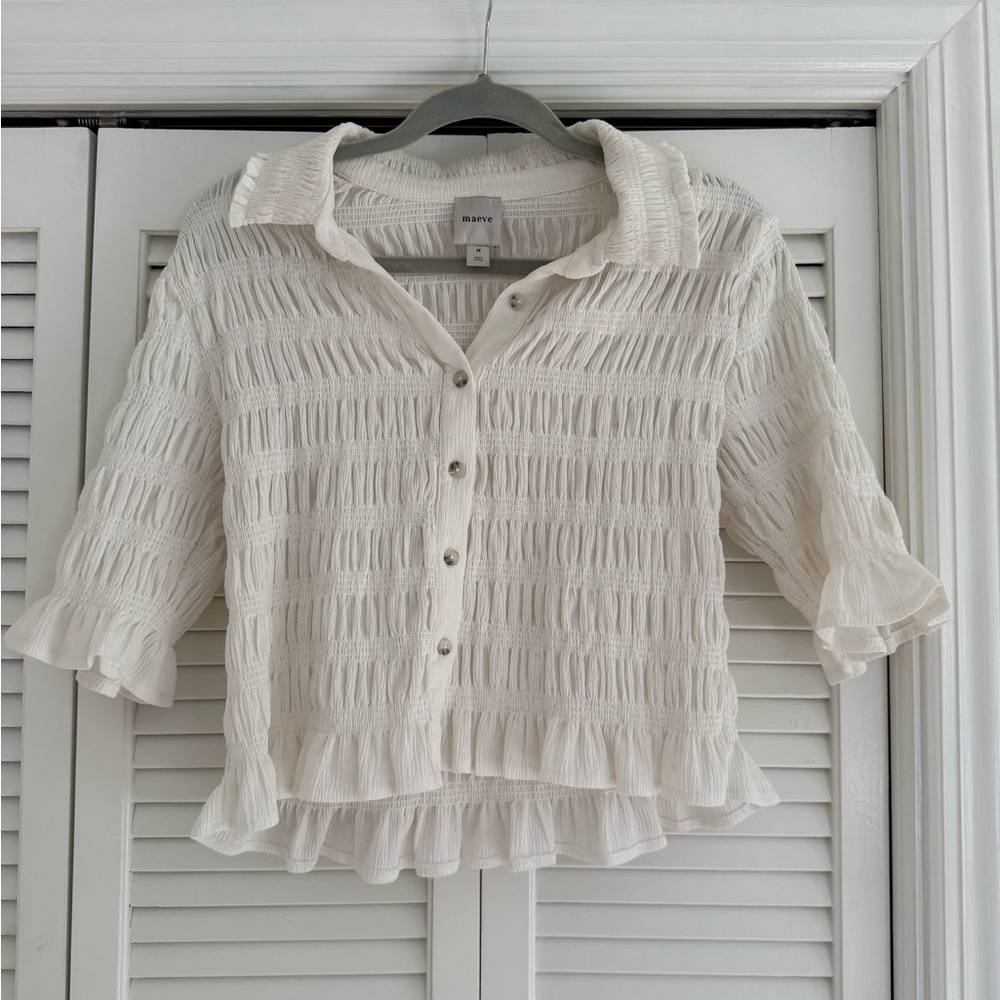 Maeve White Textured Button-Up Blouse